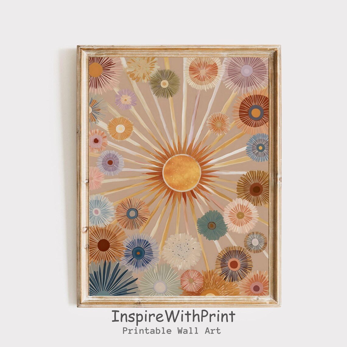 Boho Sun Print Earthtones Wall Art Abstract Sunrise Midcentury Modern Playroom Poster Nursery