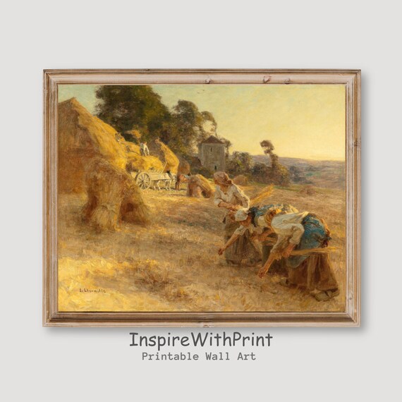Vintage Wheat Harvest Painting Golden Field Workers Sunset Poster