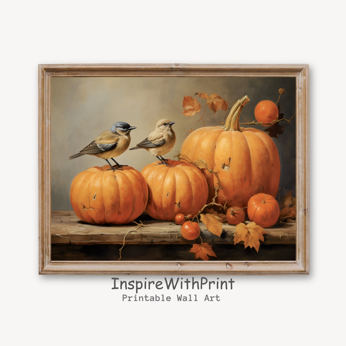 Two Sparrows Perched on Pumpkins Rustic Fall Still Life Art Print