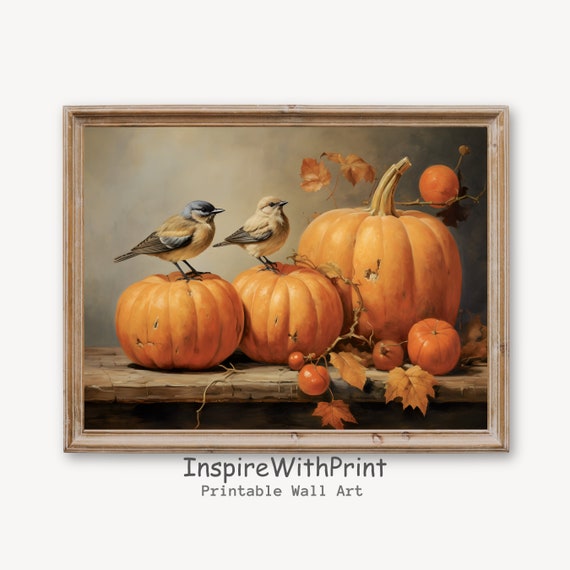 Sparrows And Pumpkin Art Rustic Fall Wall Pumpkins Print Vintage Autumn Decor Birds Sparrow
