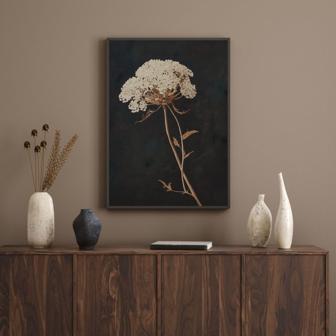 White Queen Anne's Lace Flower on Black Moody Botanical Art Poster