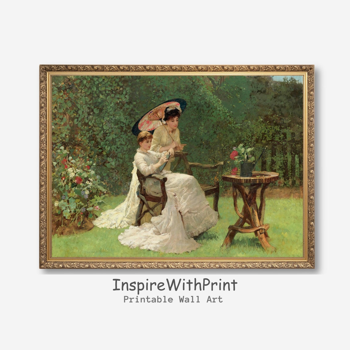 Victorian Women In Garden Parasol Vintage Painting Classic Wall Art