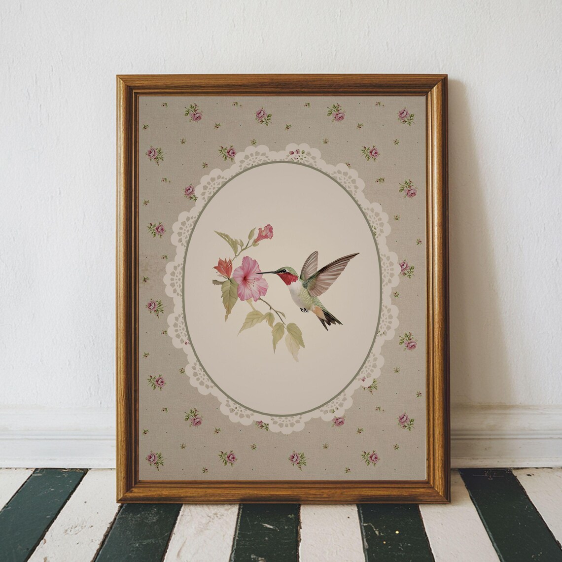 Vintage Hummingbird Art Print, Cottage Core Bird Art