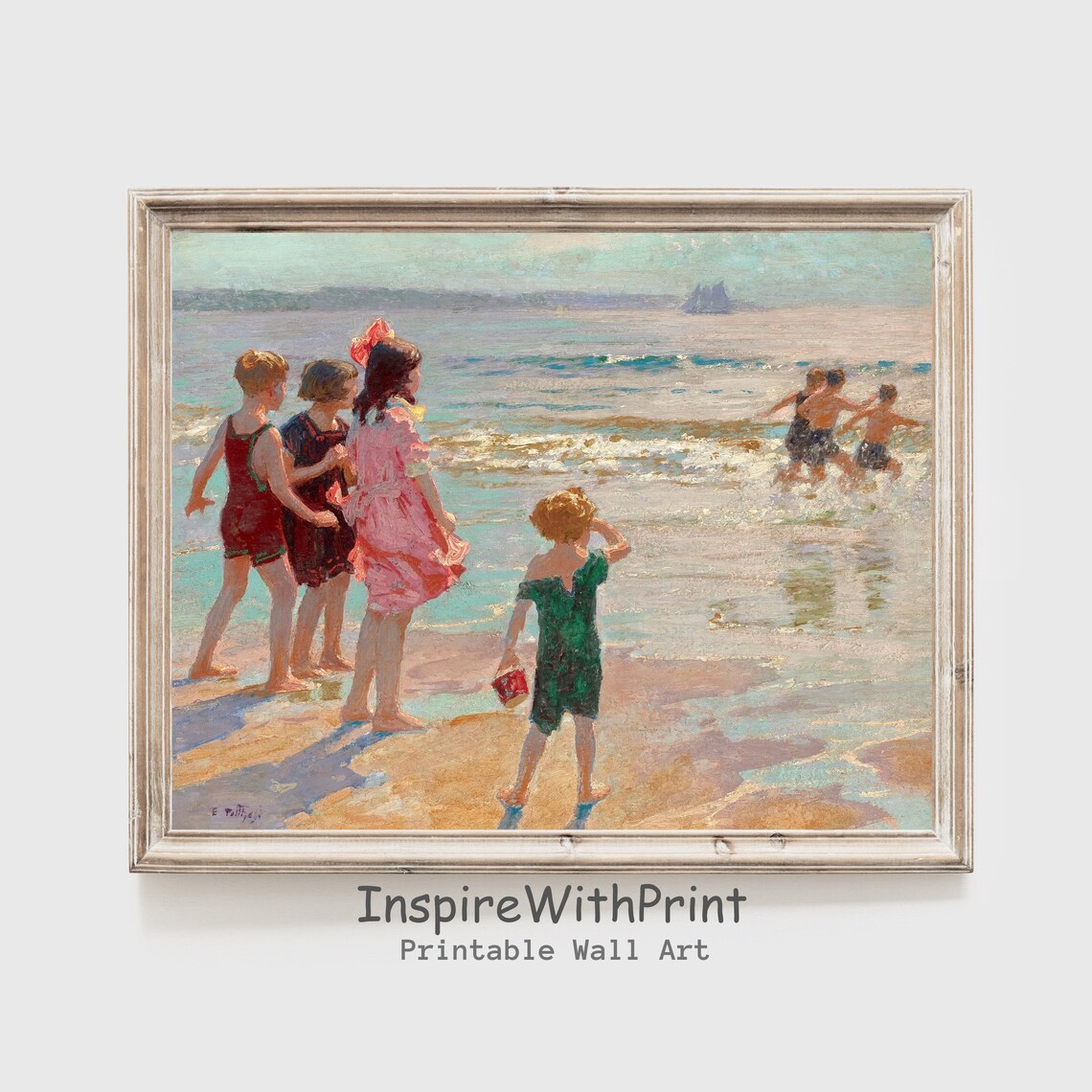 Vintage Children Playing At The Beach Summer Painting Poster
