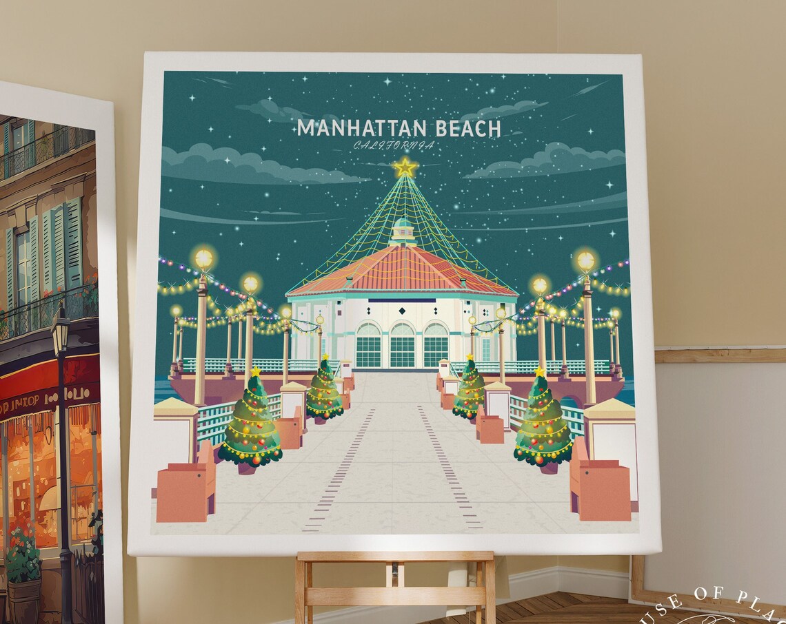 Cozy Manhattan Beach Pier Holiday Christmas Lights Night Poster