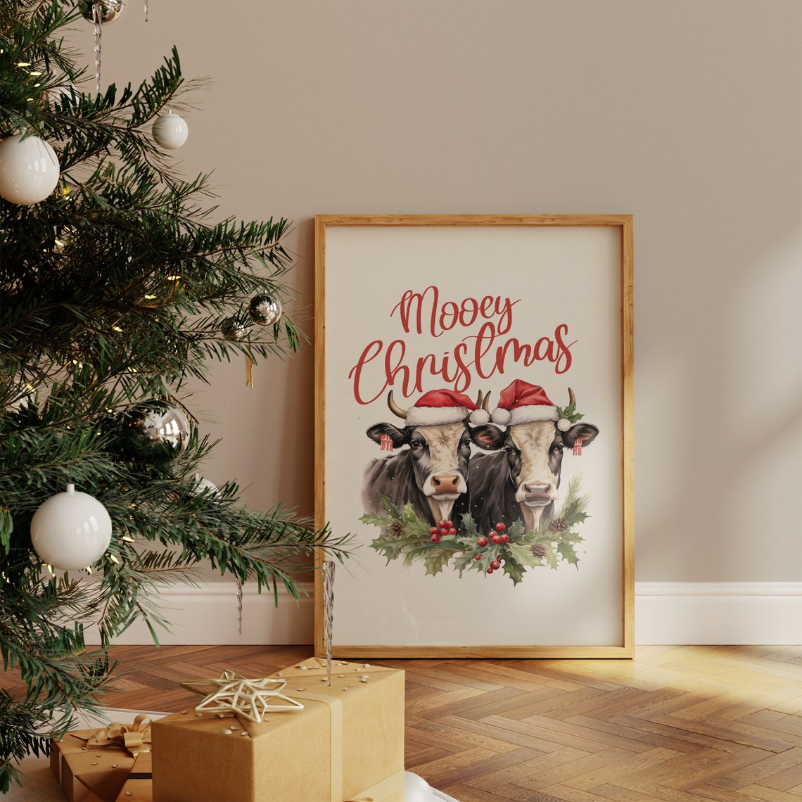 Mooey Christmas Two Cows In Santa Hats With Holly Farmhouse Poster - Image 4