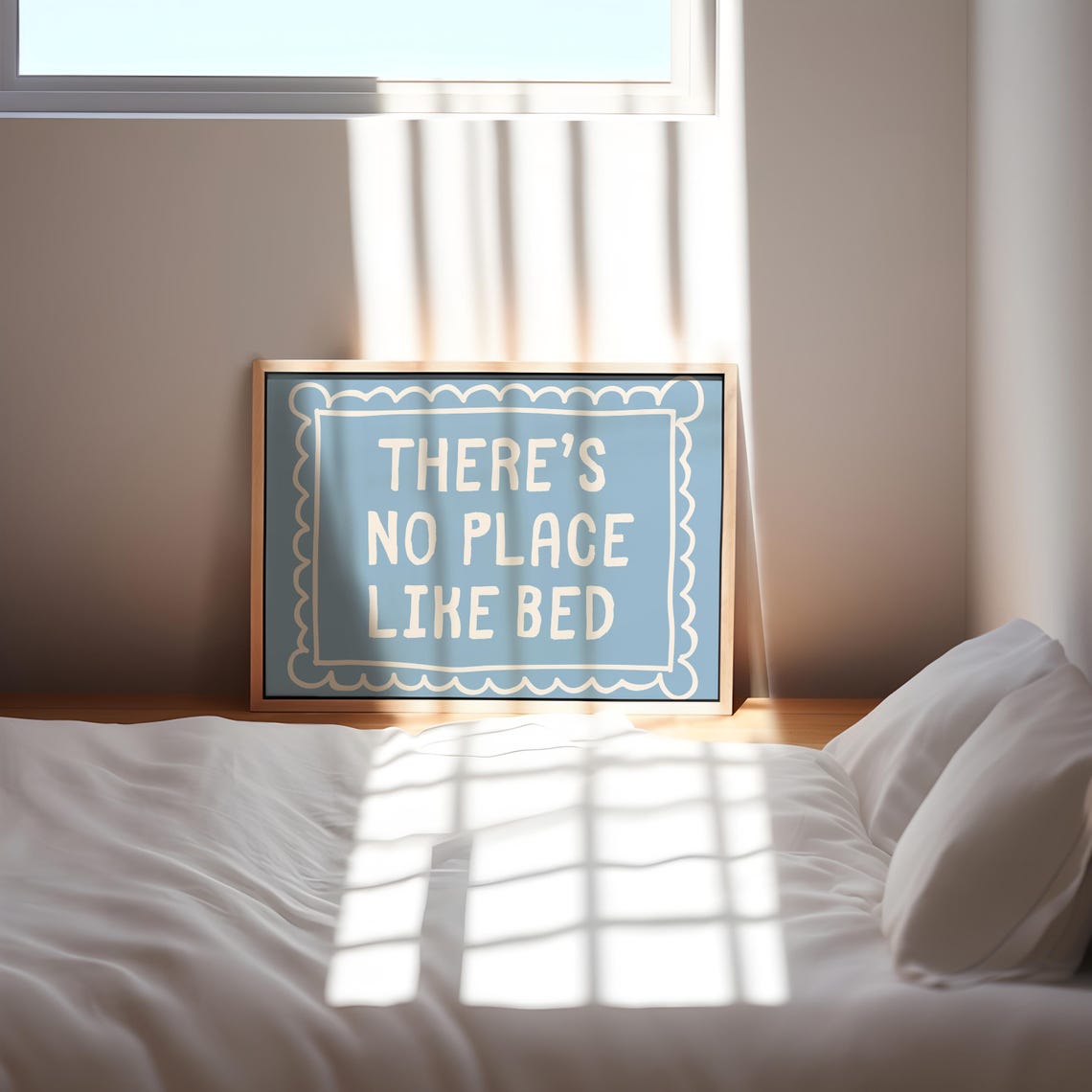 There's No Place Like Bed Blue Quote Poster with Cream Typography - Image 3