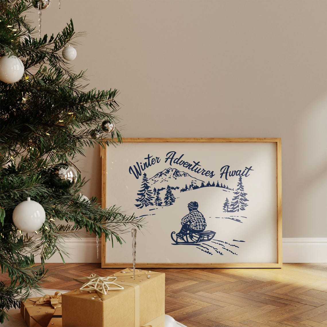 Winter Adventures Await Navy Sledding Scene Snowy Mountain Poster - Image 4