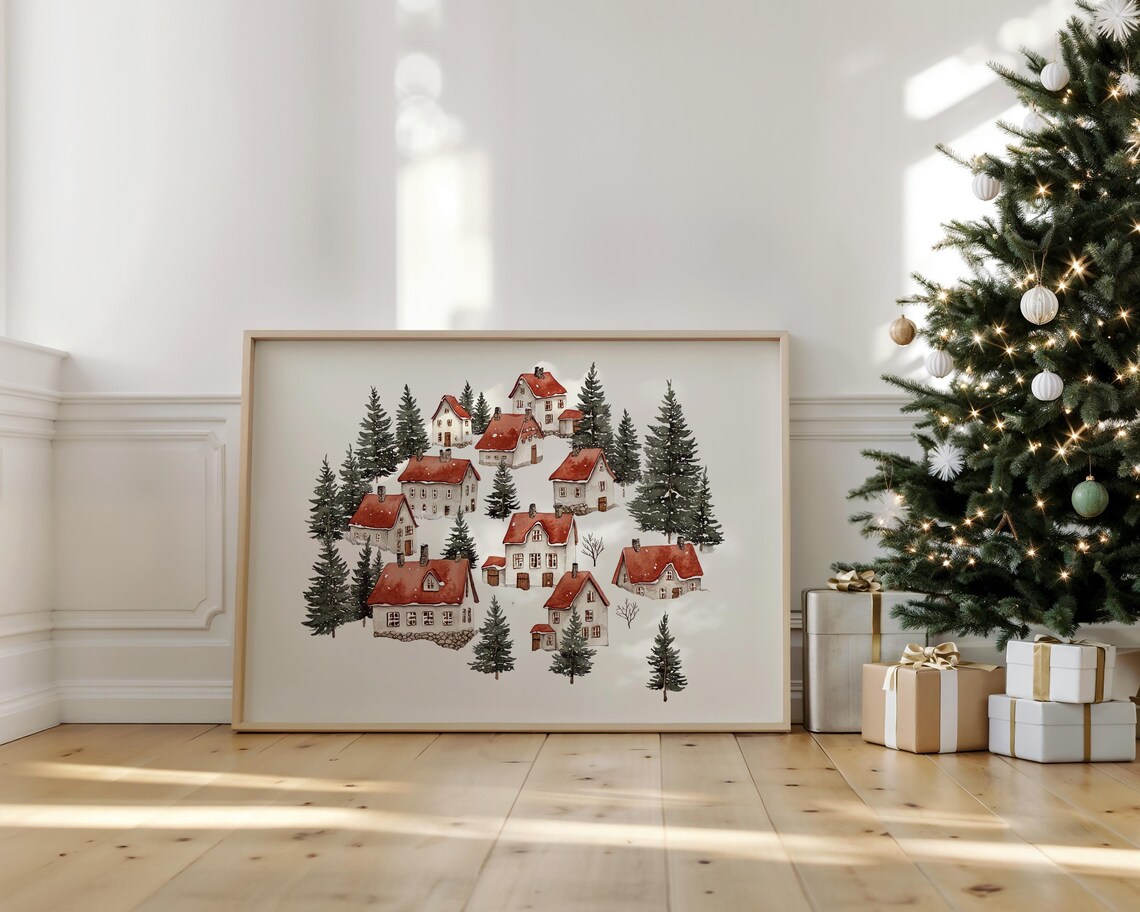 Snowy Winter Village Watercolor Christmas Poster with Red Roof Cottages - Image 4