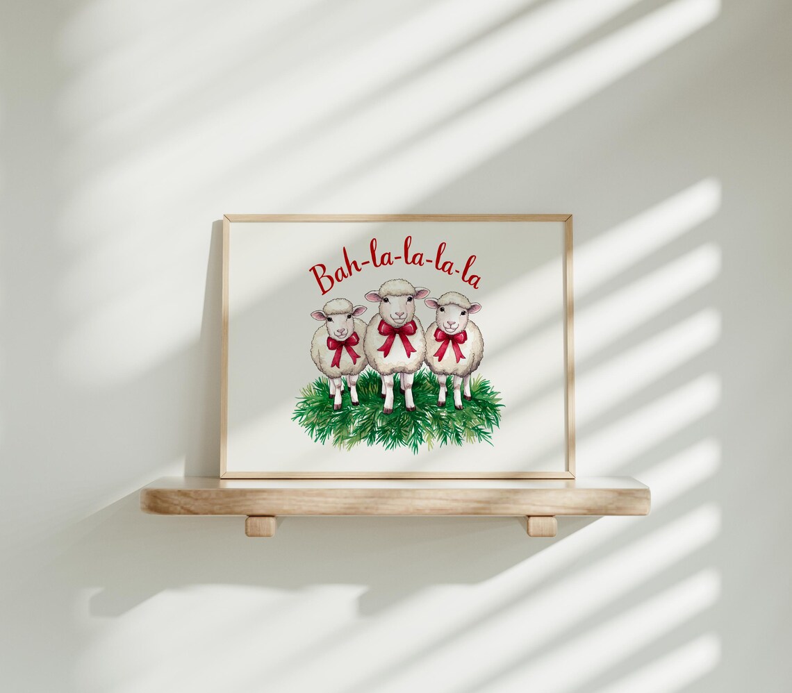 Bah La La La La Cute Sheep Red Bows Christmas Farm Art Poster - Image 2