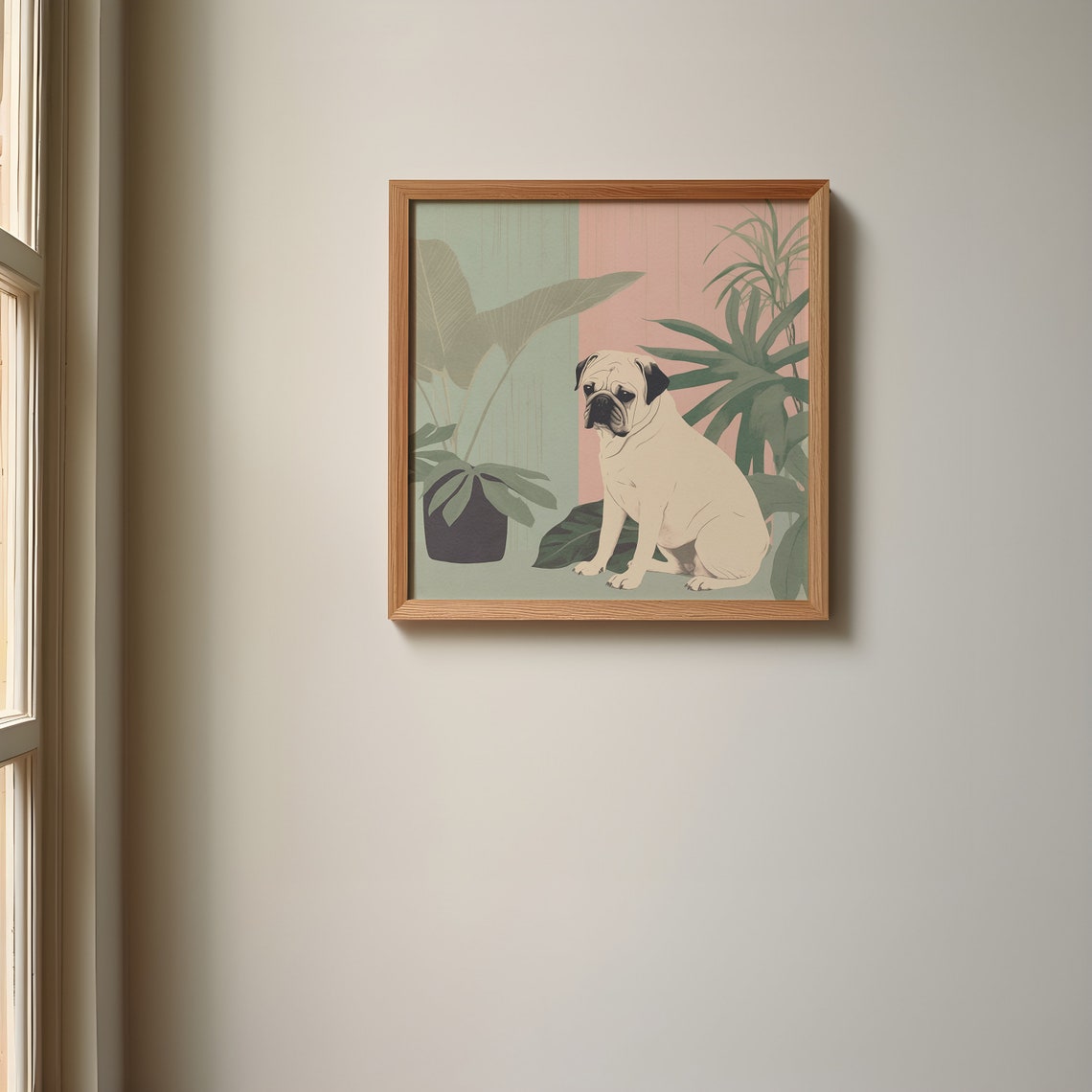 Cream Pug with Tropical Leaves Poster in Sage and Blush Tones - Image 3