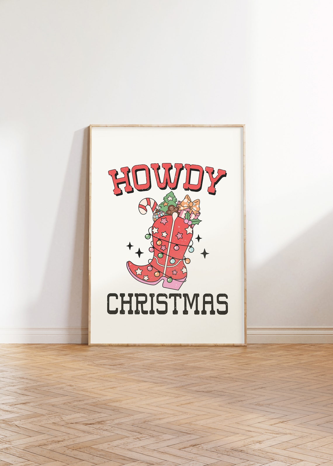 Howdy Christmas Red Cowboy Boot Lights Western Holiday Poster - Image 3