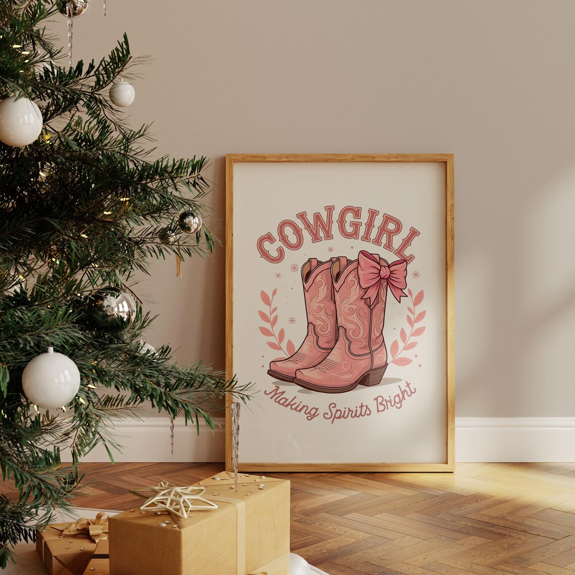 Cowgirl Making Spirits Bright Pink Boots Western Christmas Poster - Image 4