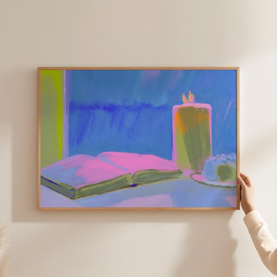 Cozy Reading Nook Open Book Candle Blue Night Window Art Poster