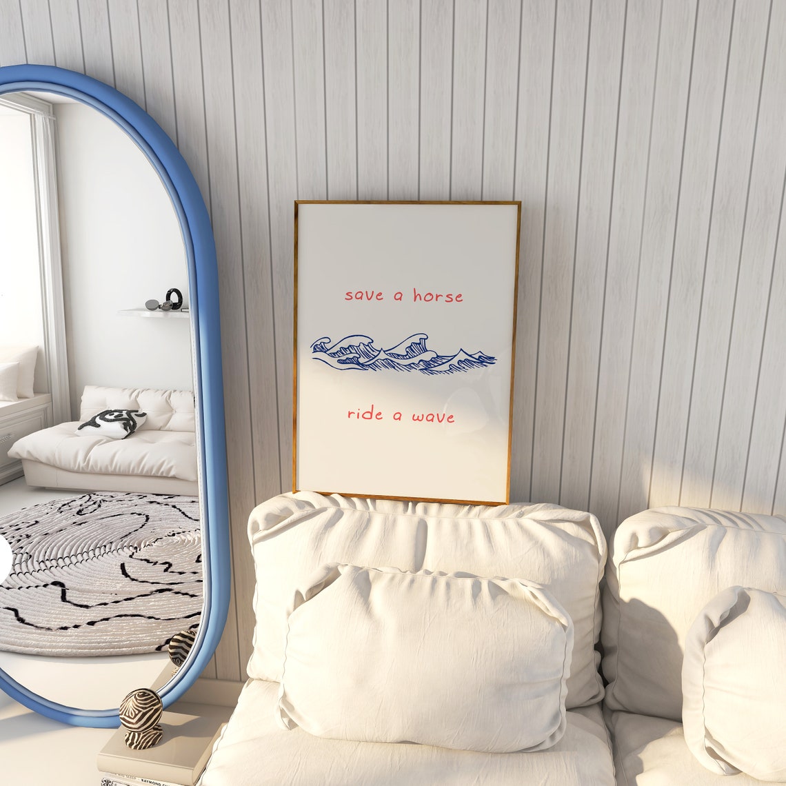 Save A Horse Ride A Wave Coral Text With Blue Ocean Waves Poster - Image 5