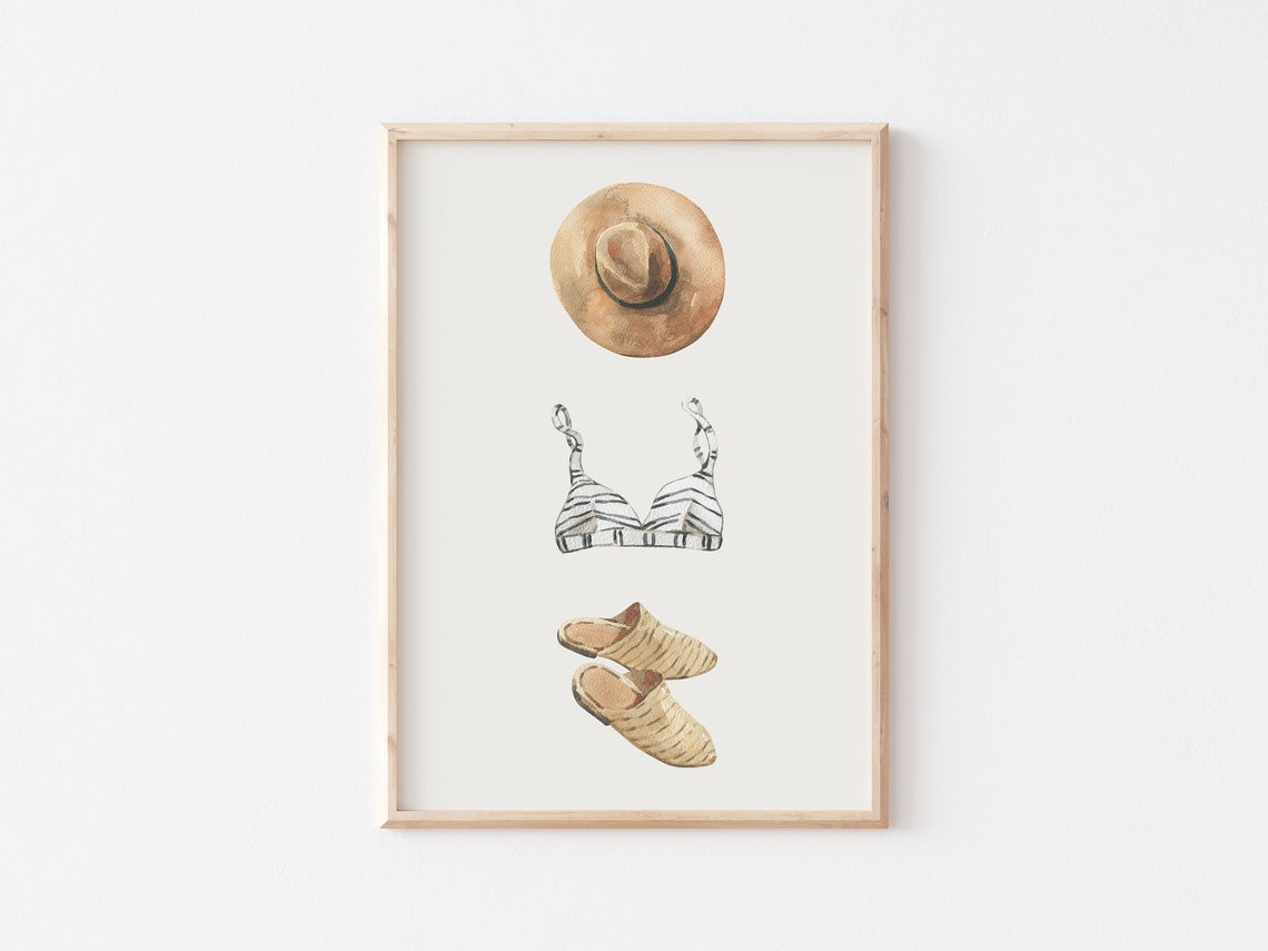 Minimalist Straw Hat Bikini Top Mules Summer Swim Watercolor Poster - Image 5