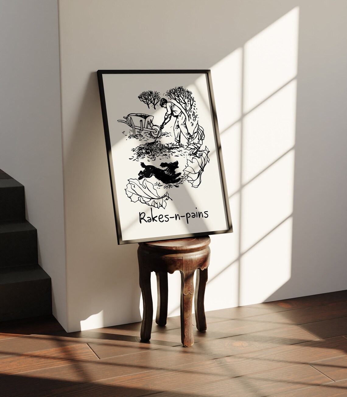 Rakes-n-Pains Funny Fall Leaf Raking Dog Linocut Humor Print - Image 2