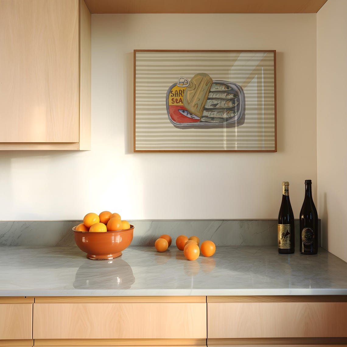 Sardine Tin Illustration on Beige Stripes for Kitchen Decor Poster - Image 5