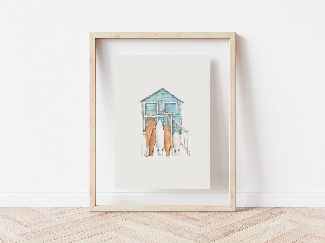 Blue Beach Hut With Surfboards Watercolor Coastal Surf Poster - Image 4