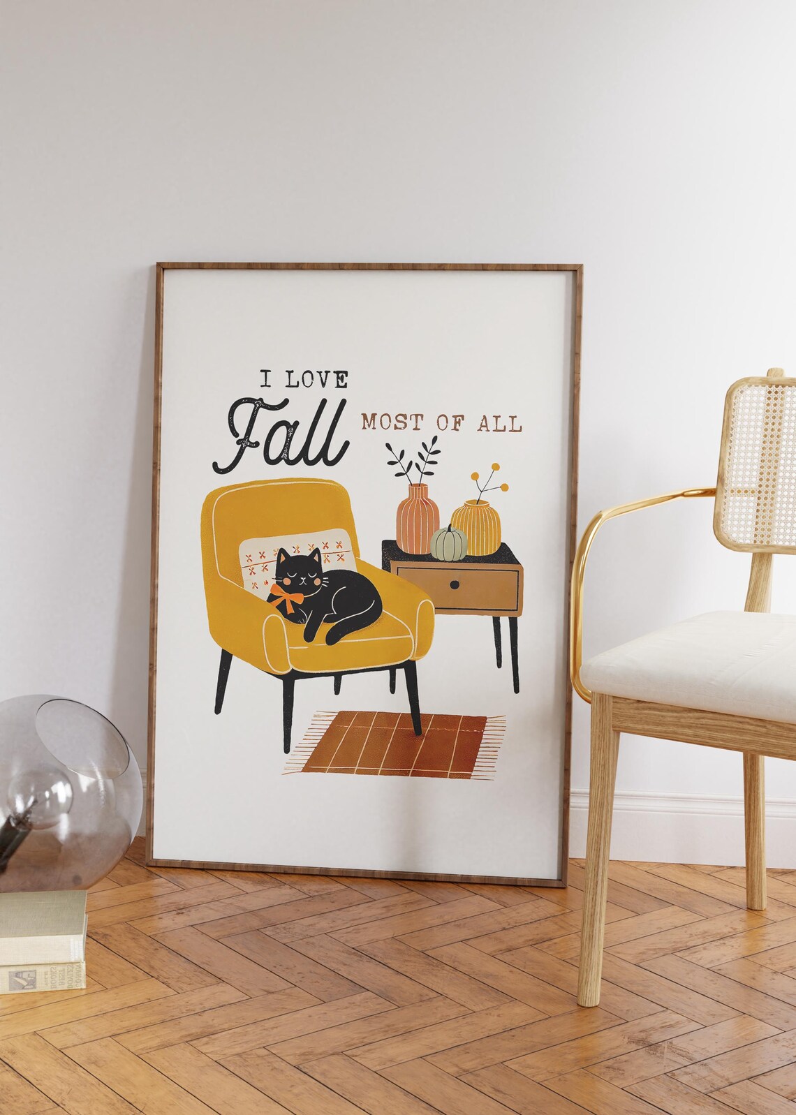I Love Fall Most of All Black Cat Armchair Cozy Autumn Poster - Image 5
