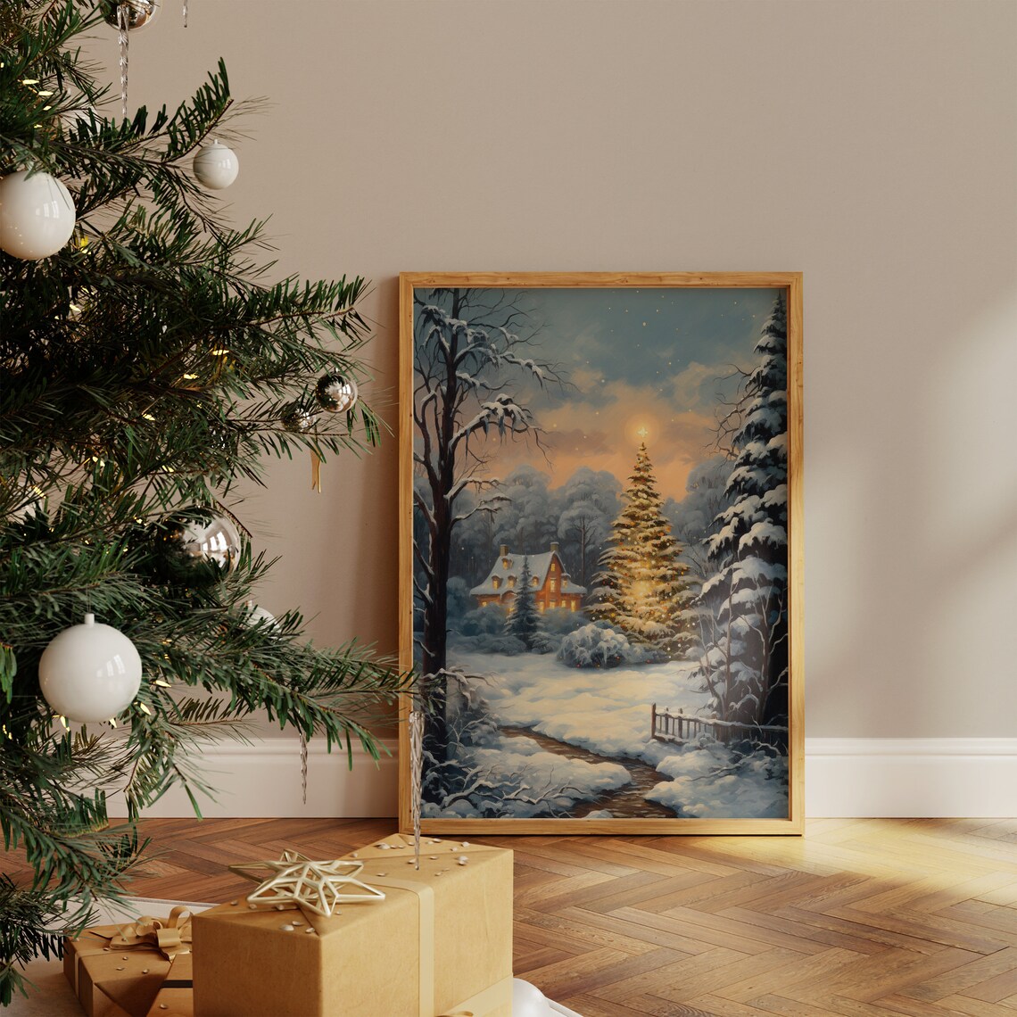 Snowy Christmas Village With Glowing Tree Vintage Oil Painting Poster - Image 5