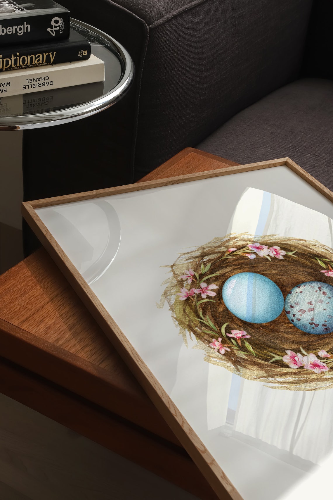 Two Bluebird Eggs In Pink Blossom Nest Watercolor Spring Poster - Image 3