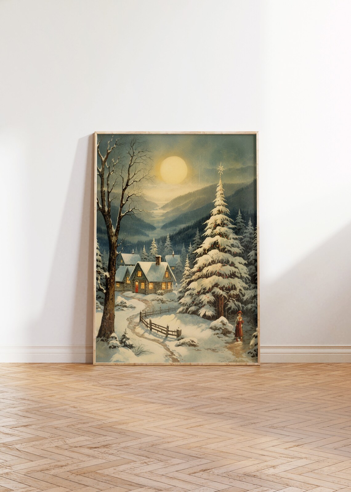 Vintage Snowy Christmas Village Moonlit Winter Evening Poster - Image 3