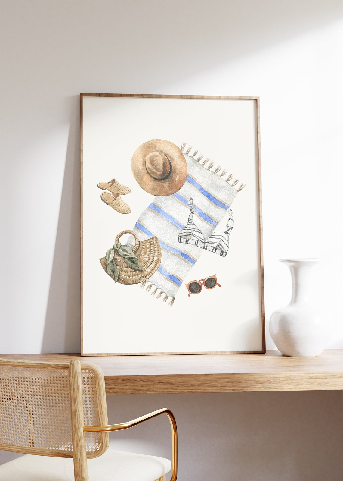 Summer Beach Essentials Watercolor Flat Lay Towel Hat Poster - Image 5
