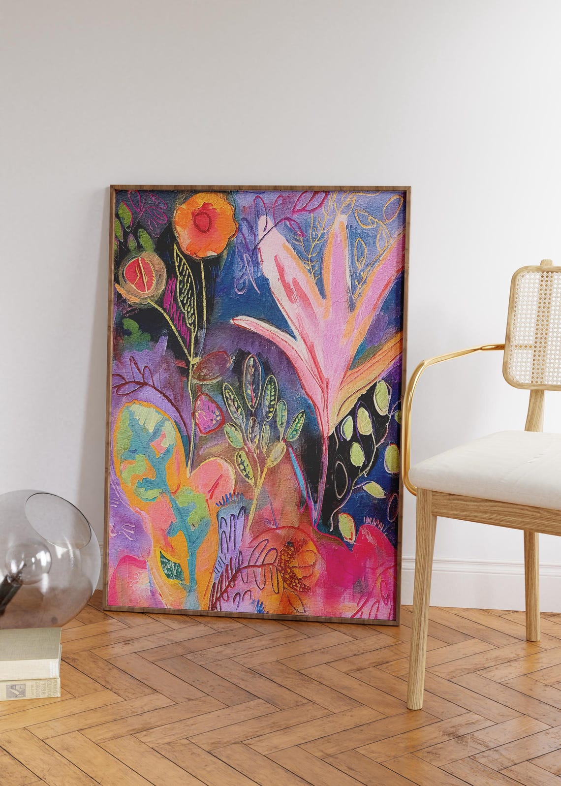 Dark Botanical Abstract Painting Poster with Orange Poppies on Navy - Image 5