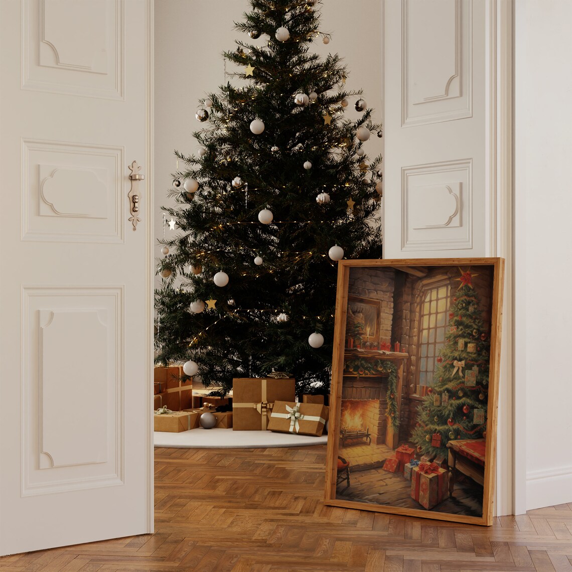 Vintage Christmas Fireplace And Tree Cozy Oil Painting Style Poster - Image 5