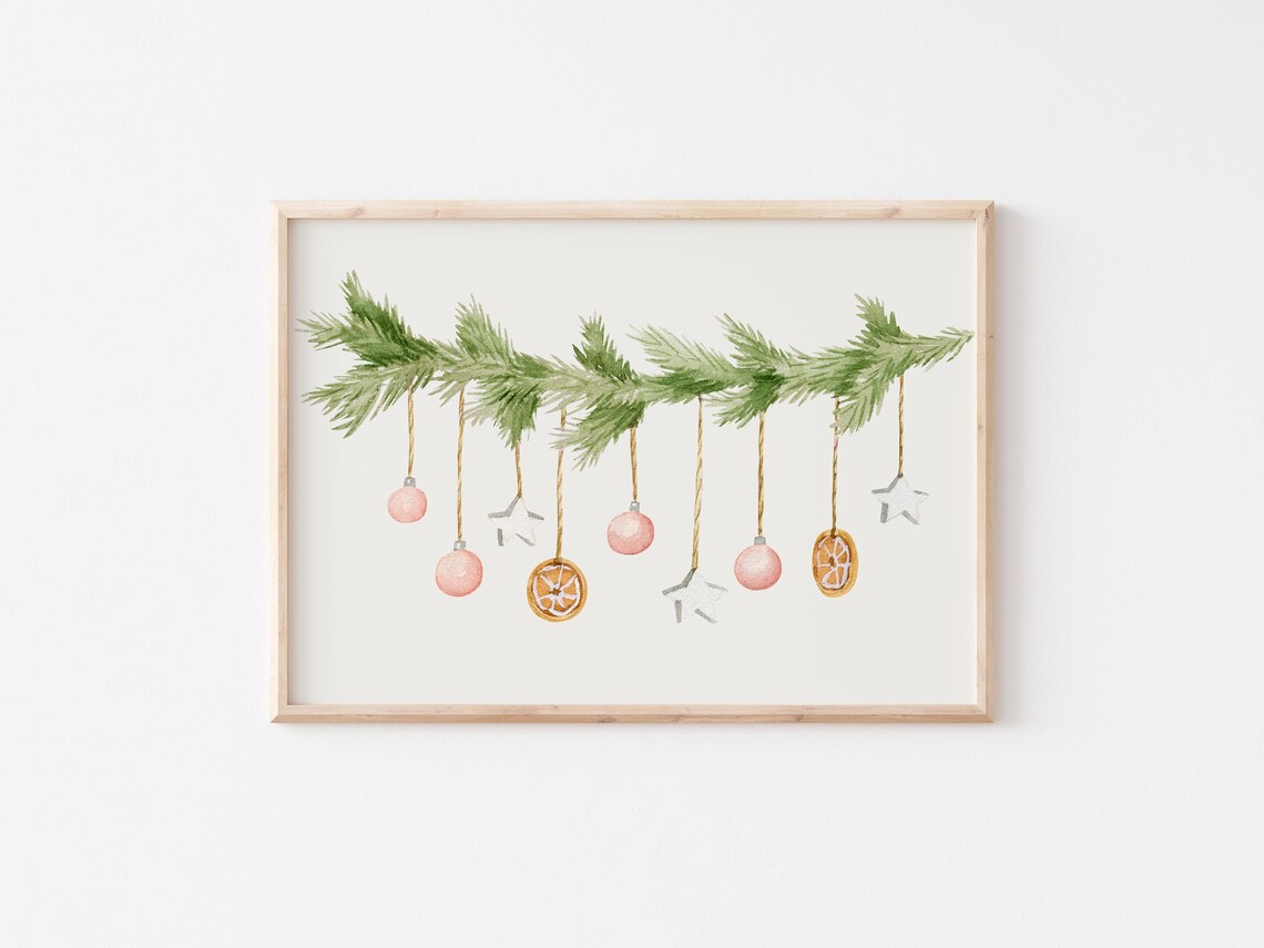 Pine Garland Baubles And Stars Watercolor Christmas Holiday Wall Art - Image 2