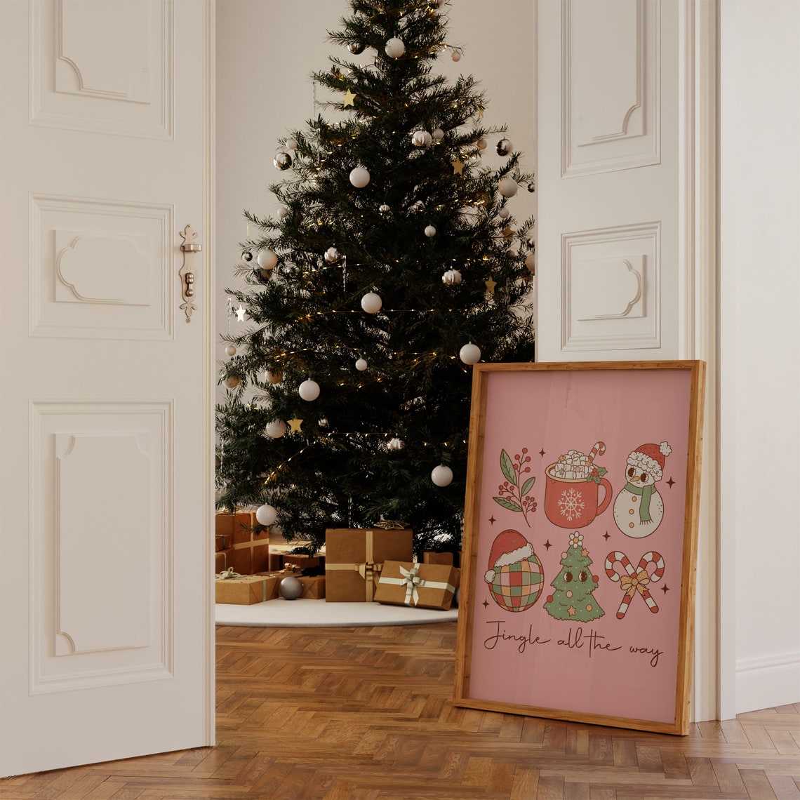 Jingle All The Way Pink Retro Cocoa Mug Snowman Disco Ball Print - Image 4