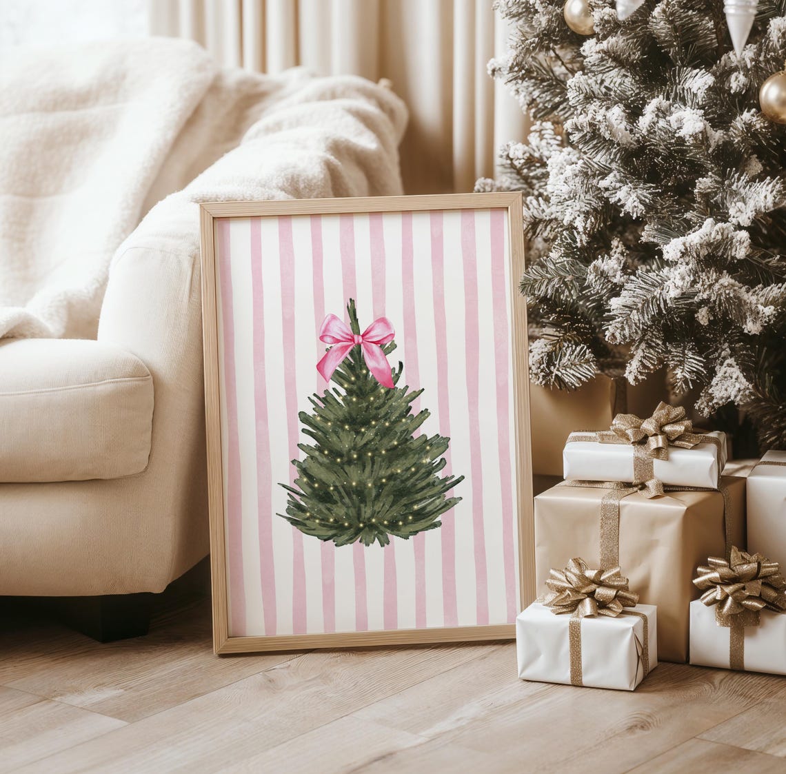 Coquette Pink Bow Christmas Tree Watercolor Striped Holiday Poster - Image 3