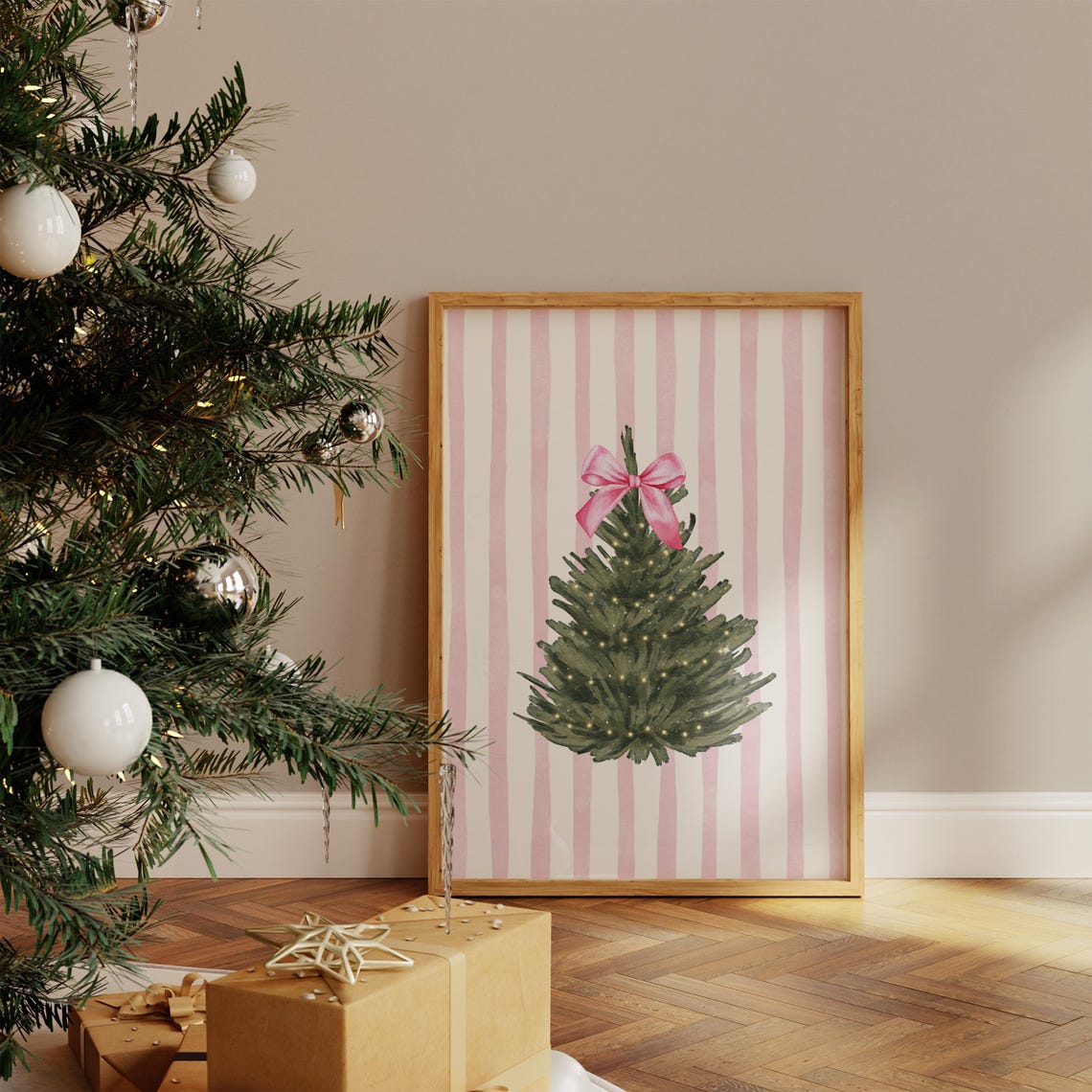 Coquette Pink Bow Christmas Tree Watercolor Striped Holiday Poster - Image 4