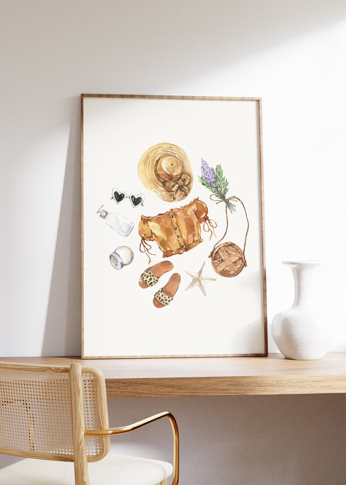 Summer Beach Outfit Amber Cami Leopard Slides Rattan Bag Watercolor Poster - Image 5
