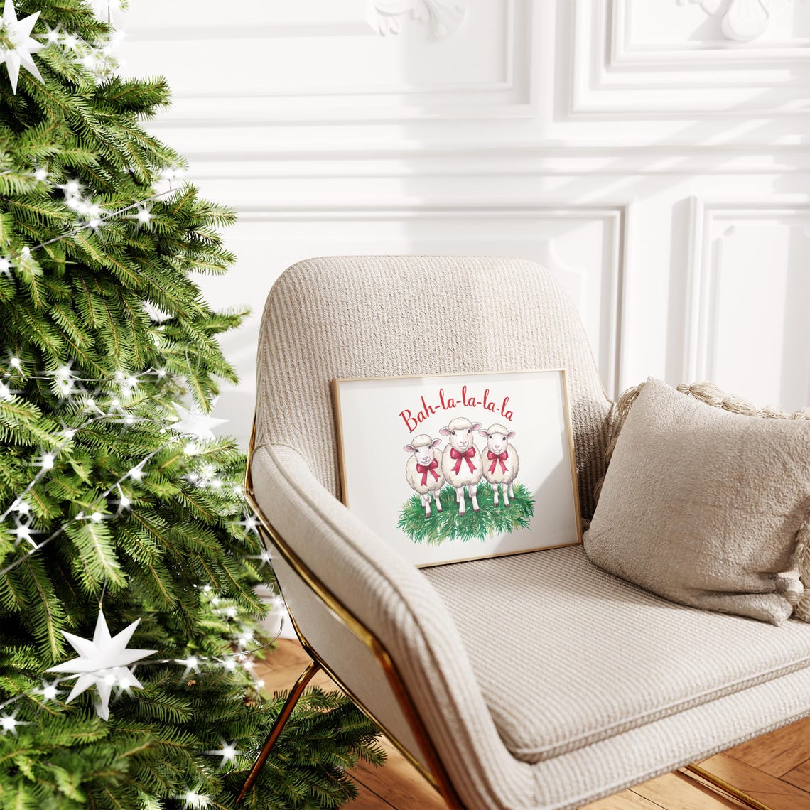 Bah La La La La Cute Sheep Red Bows Christmas Farm Art Poster - Image 3