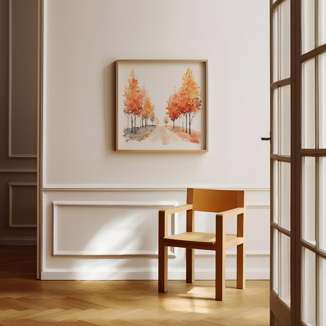 Watercolor Autumn Road Lined With Fiery Orange Trees Scene Poster - Image 4