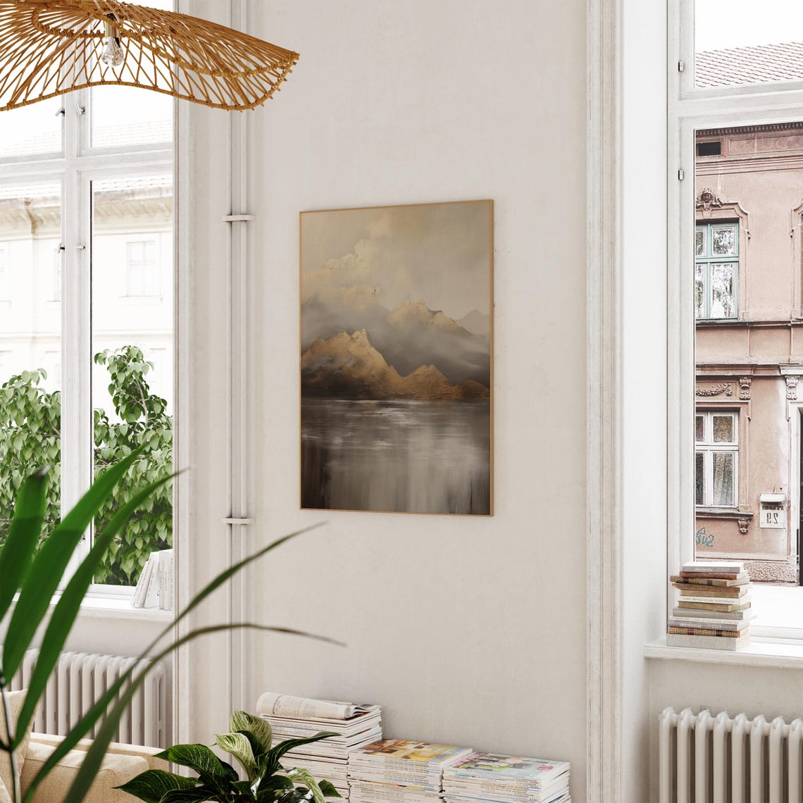 Golden Misty Mountain Peaks Reflecting On Calm Dark Lake Print - Image 3