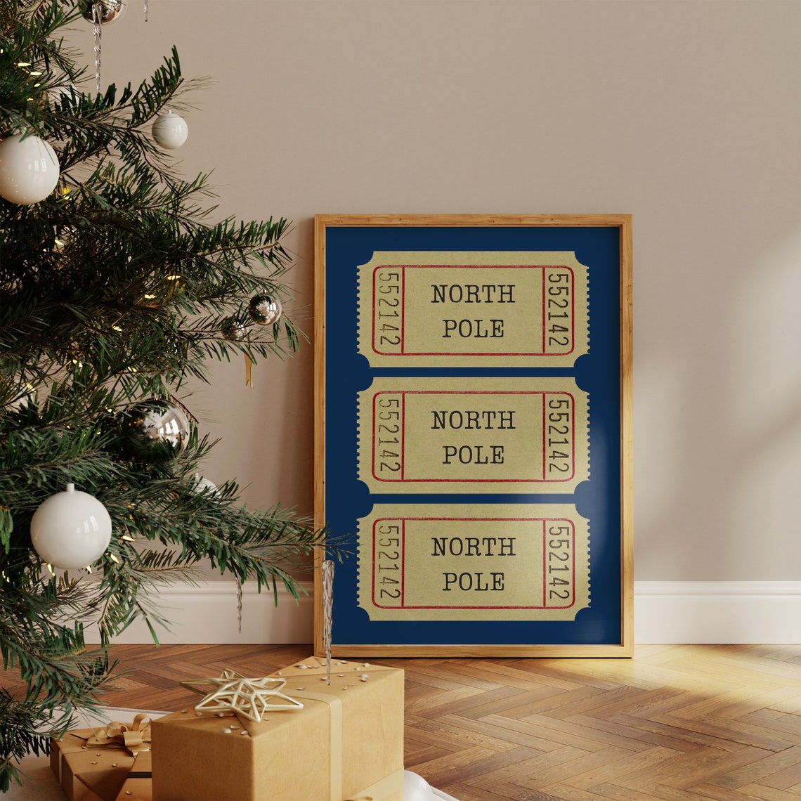 Vintage North Pole Ticket Stubs On Deep Navy Blue Holiday Poster - Image 3