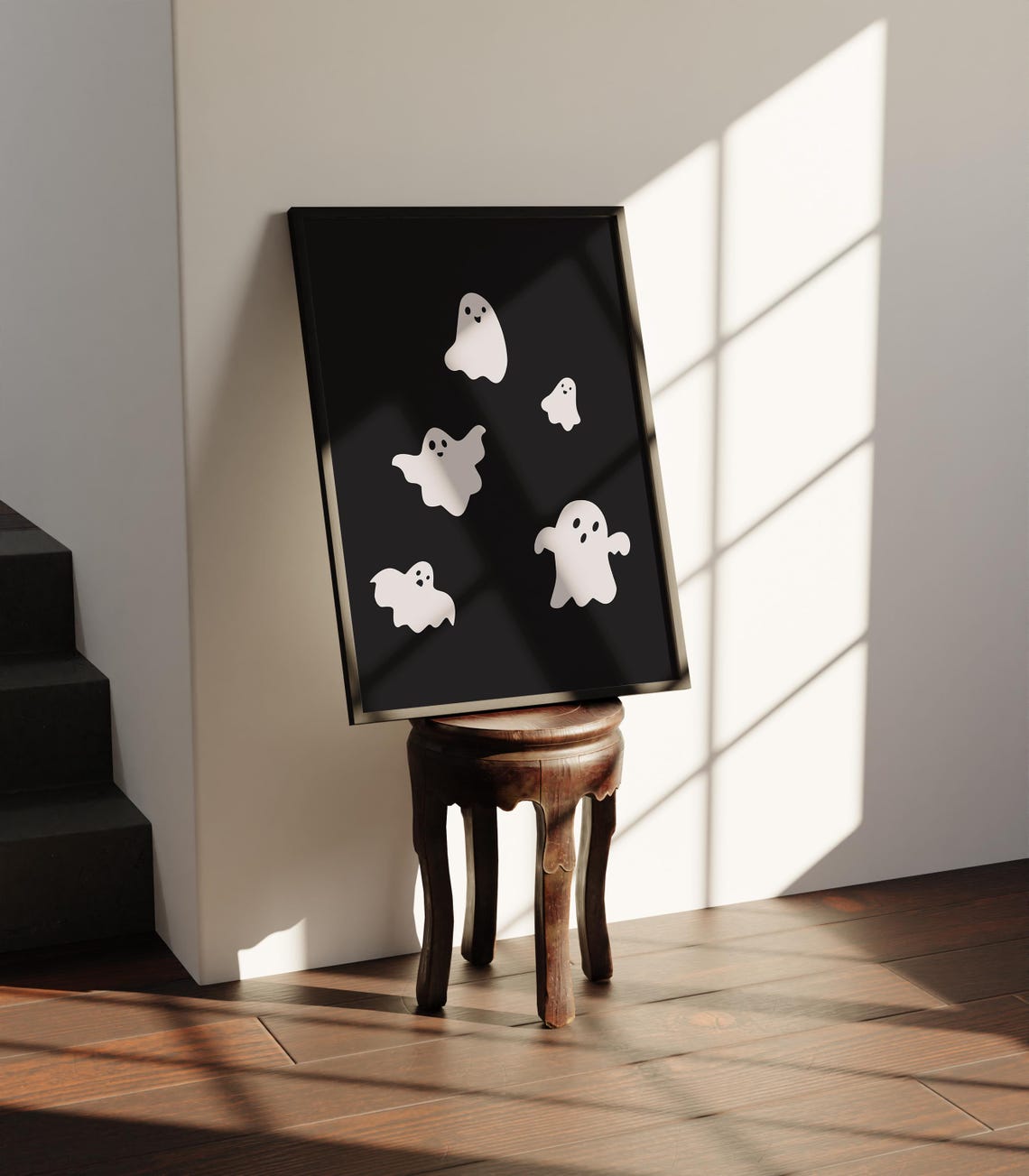 Five Cute White Ghosts Floating On Black Minimalist Halloween Poster - Image 2