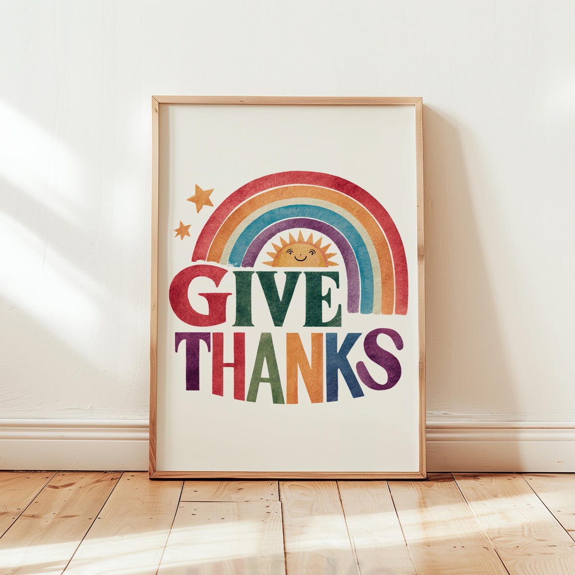 Give Thanks Rainbow Sun Watercolor Thanksgiving Fall Art Poster - Image 2