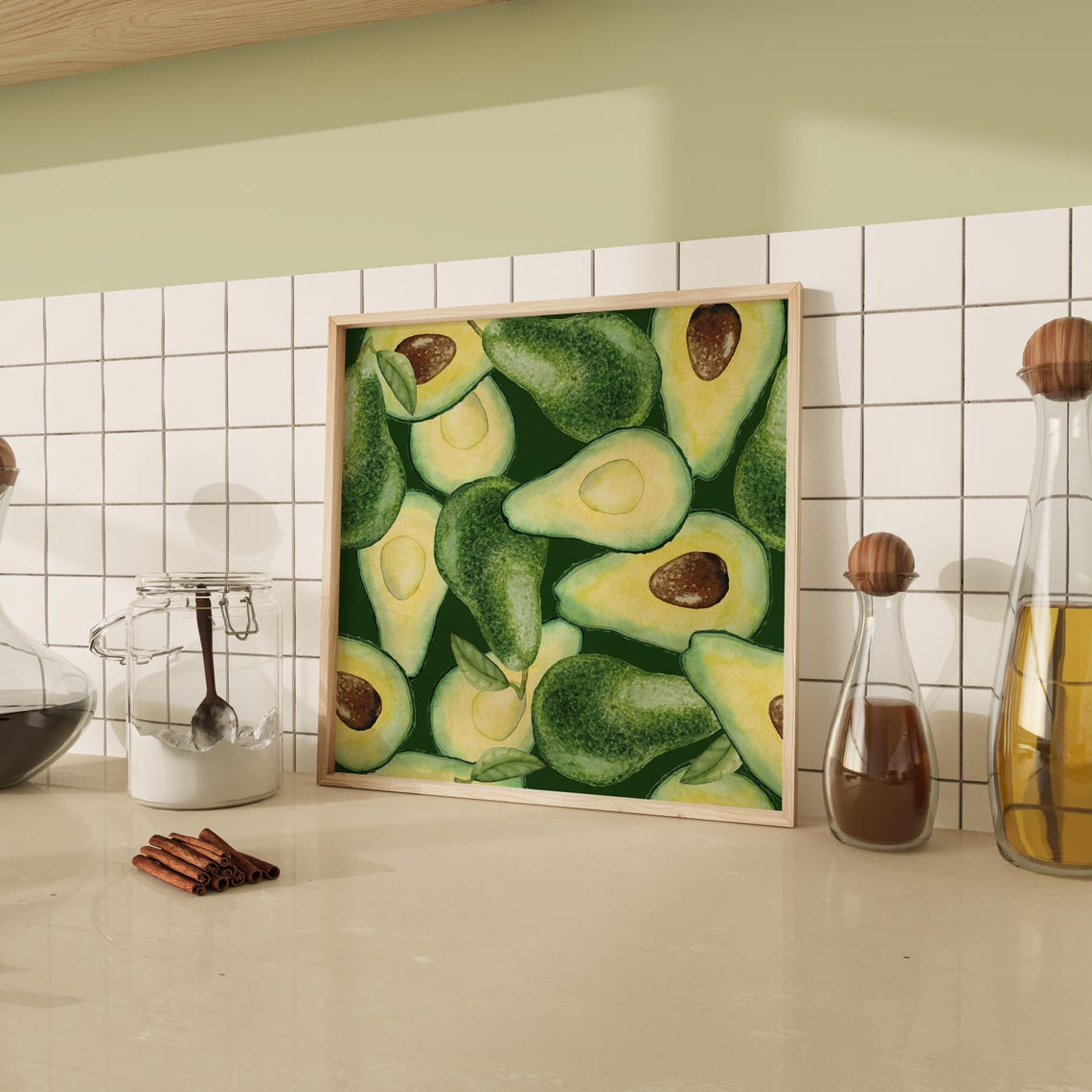 Watercolor Avocado Pattern Dark Green Fruit Kitchen Art Poster - Image 5