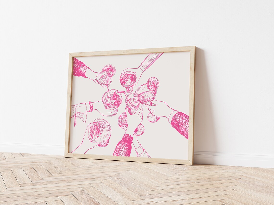 Pink Line Art Cocktail Cheers Toast Girls Night Bar Cart Poster - Image 4