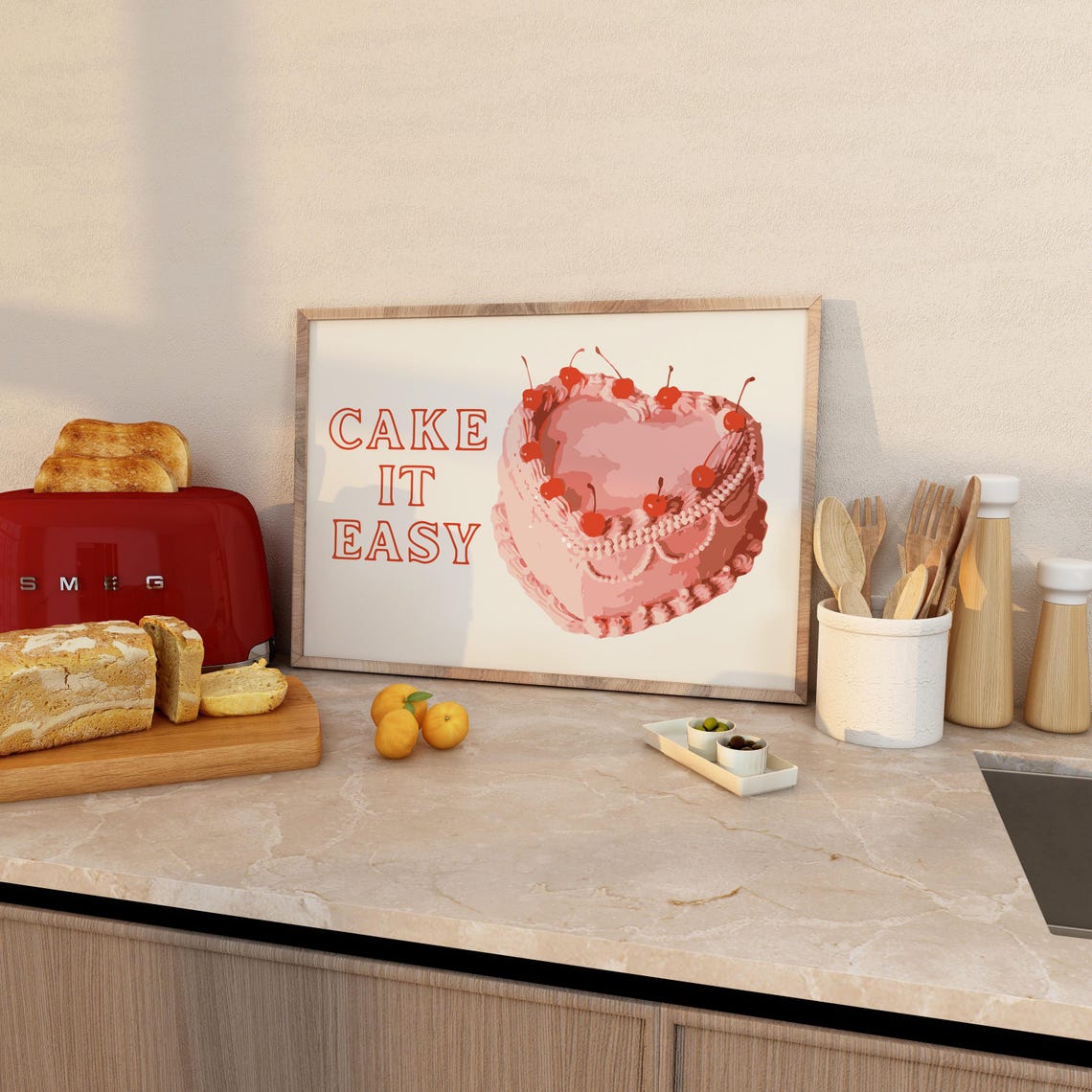 Cake It Easy Pink Heart Cherry Cake Girly Retro Kitchen Poster - Image 2
