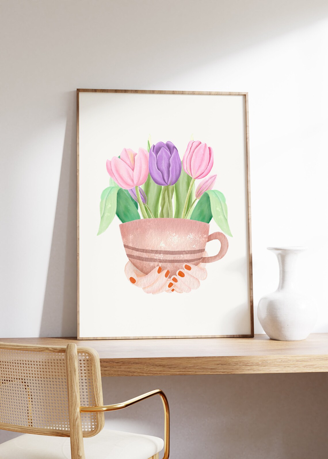 Pink and Purple Tulips in a Pink Teacup Watercolor Spring Poster - Image 4