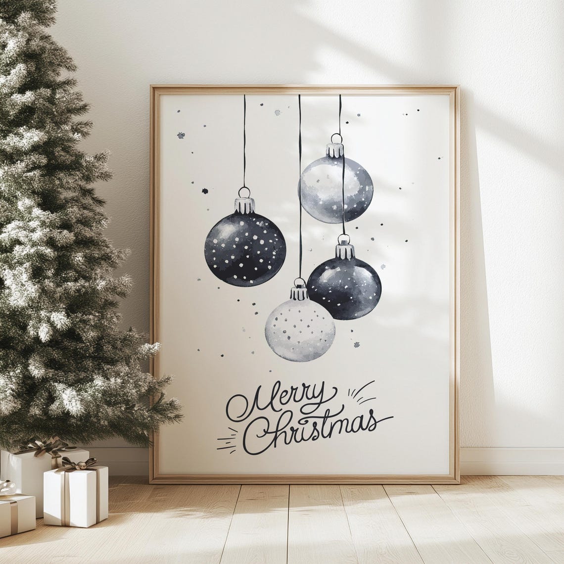 Merry Christmas Black and Silver Bauble Sketch Minimalist Poster - Image 4