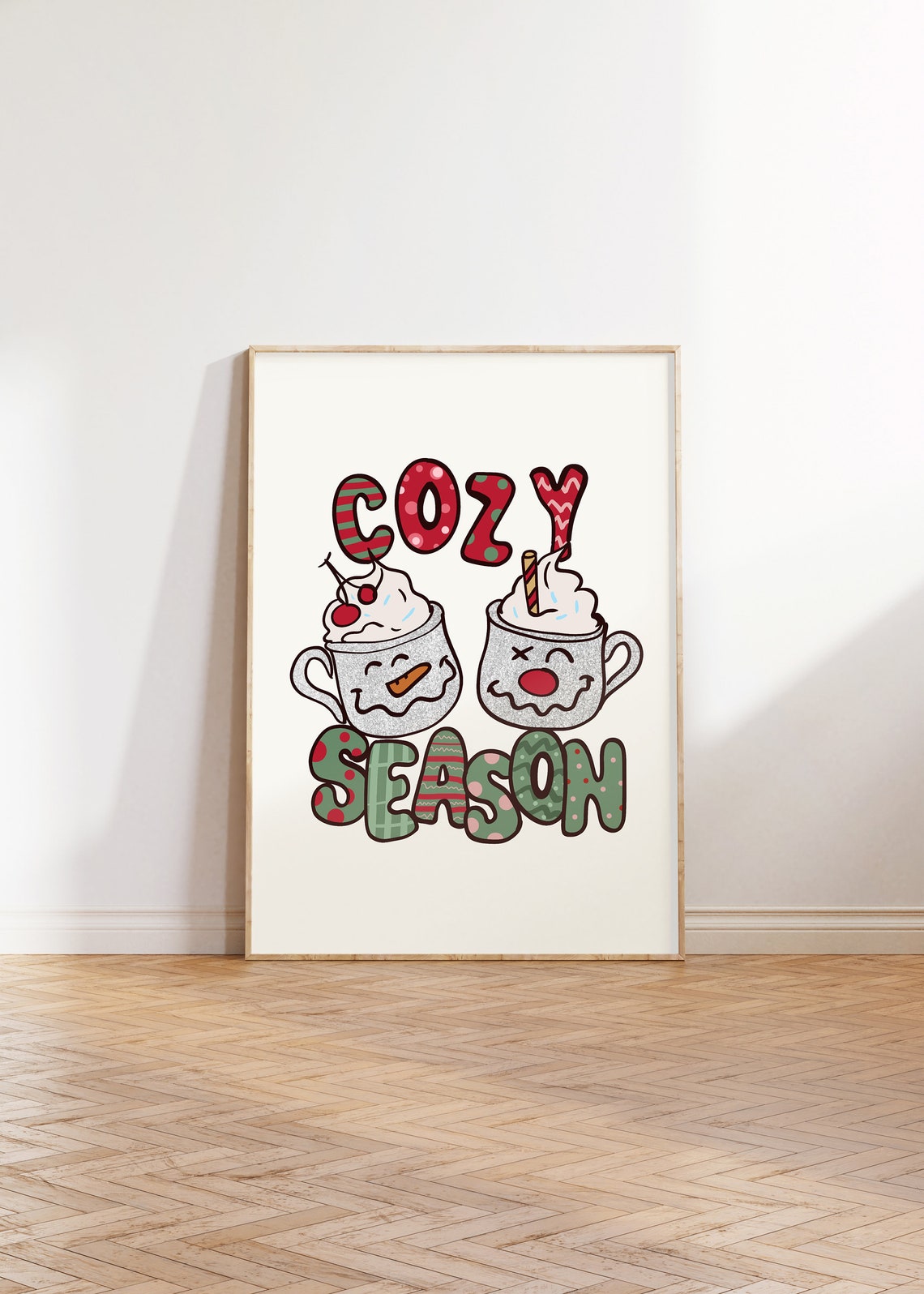 Cozy Season Two Smiling Hot Cocoa Mugs Retro Christmas Wall Poster - Image 3