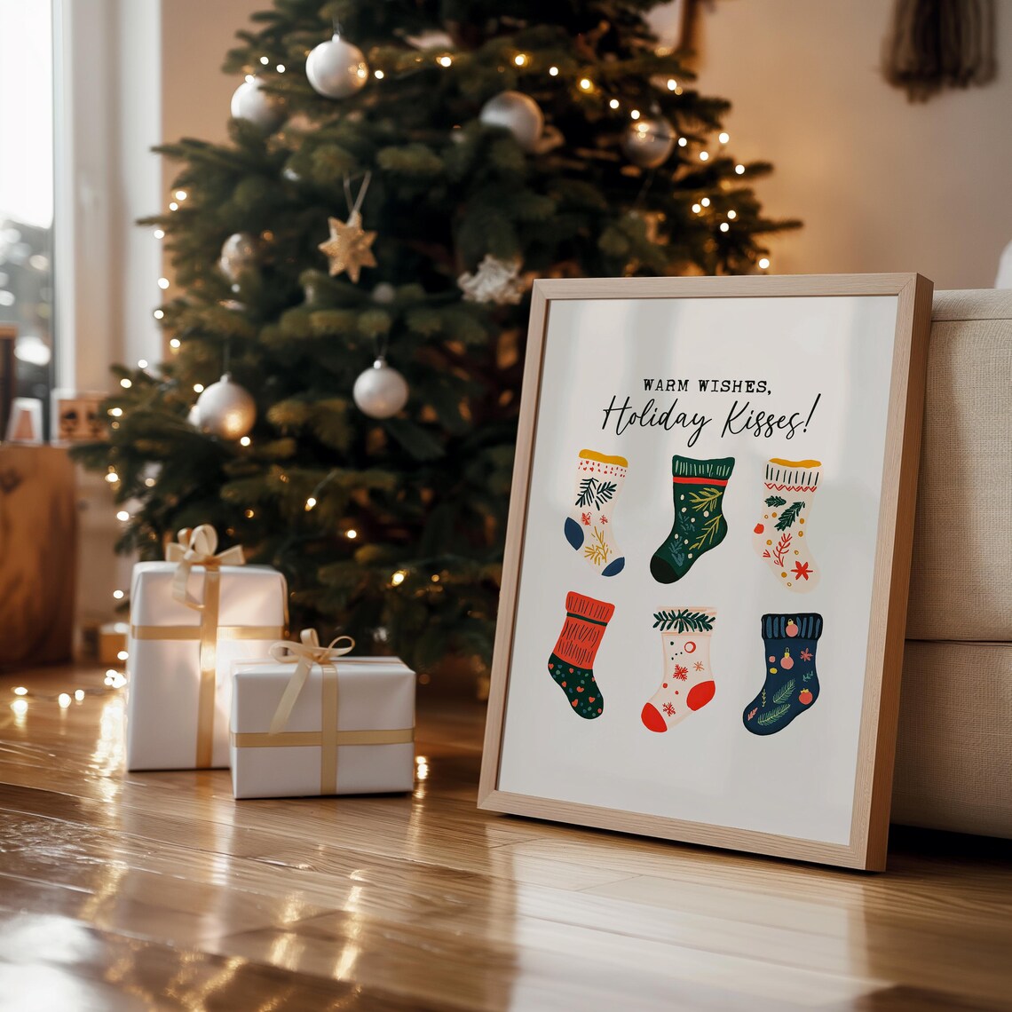Warm Wishes Holiday Kisses Cute Christmas Stockings Decor Poster - Image 2