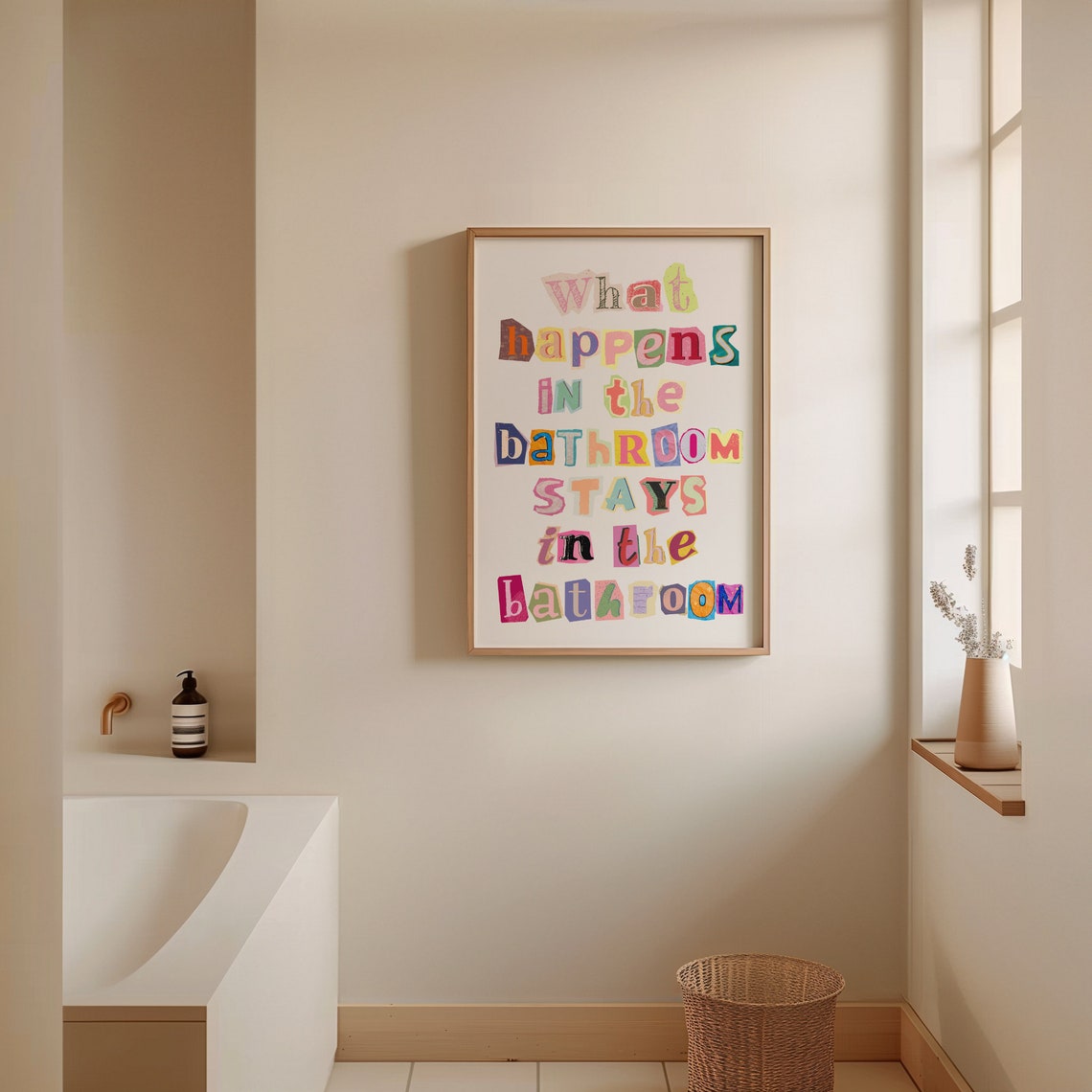 What Happens In The Bathroom Stays Colorful Collage Quote Poster - Image 2