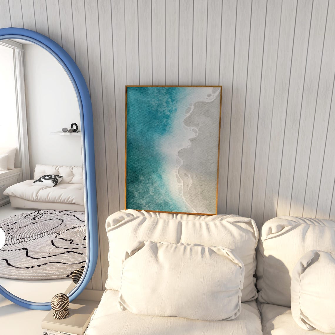 Cool Teal Sea Water Washing Over Quiet Gray Sand Beach Print - Image 3